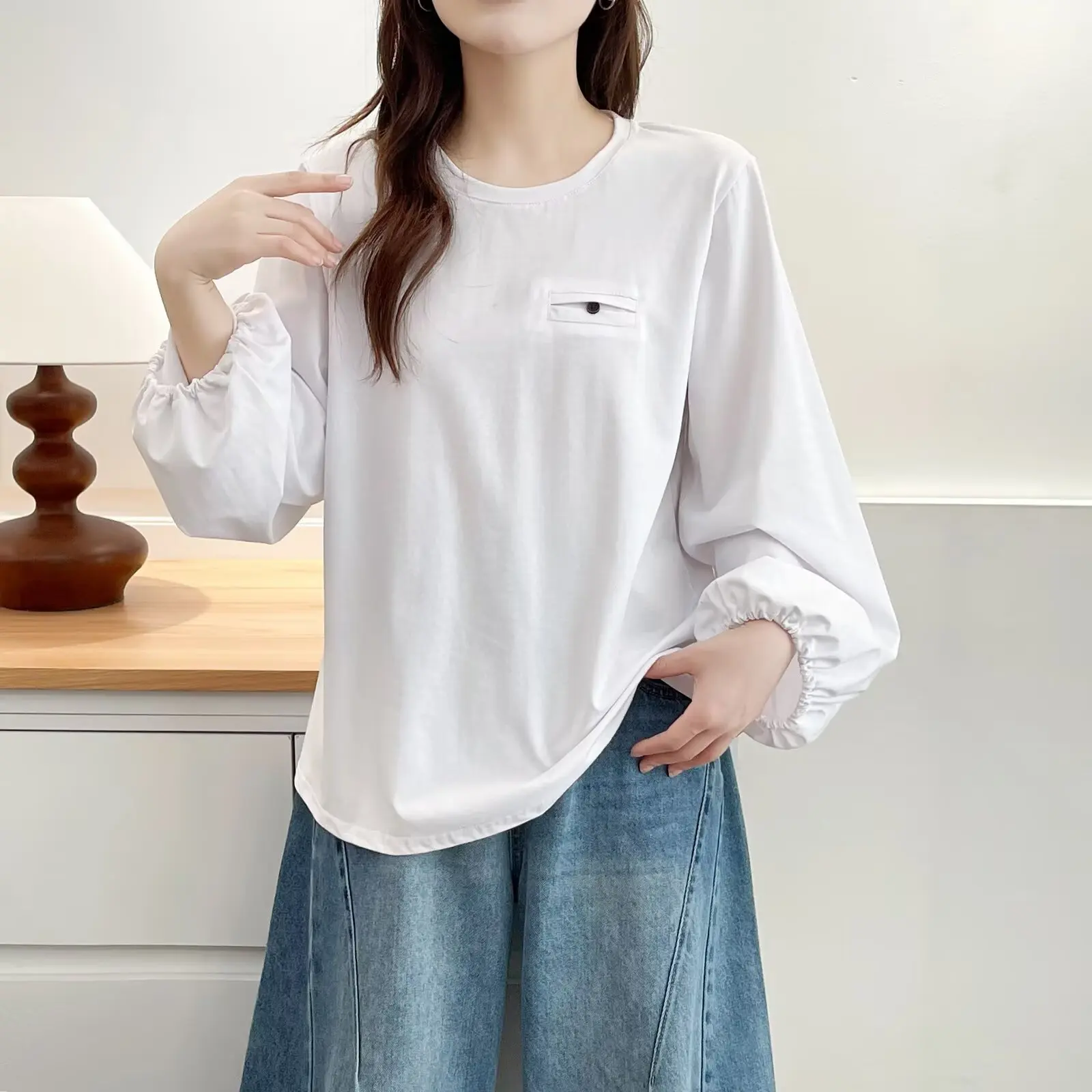 

Модная женская футболка больших размеров, осенний новый стиль, простой и повседневный топ с круглым вырезом и длинными рукавами, футболки с рукавами-фонариками 326