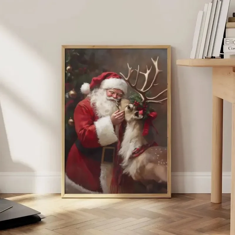 Multiple sizes 1pc frameless Canvas Painting Santa and Reindeer Christmas Print, Santa Claus Christmas Poster, Vintage Holiday W