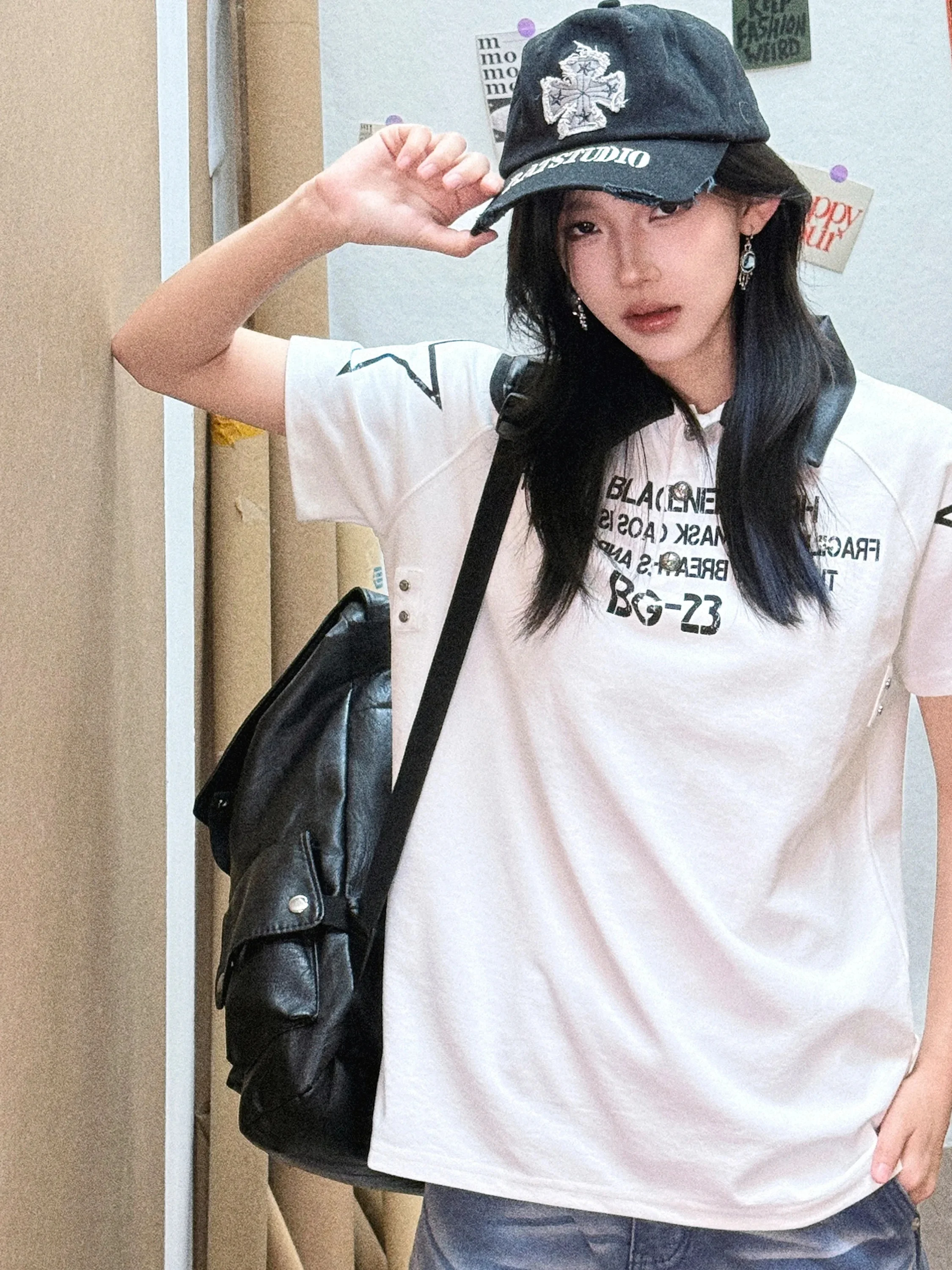 

Casual American Street Letter T-Shirt Women Summer Loose Cross Print Neutral Style Short Sleeve Leisure Top Small Ball Ball