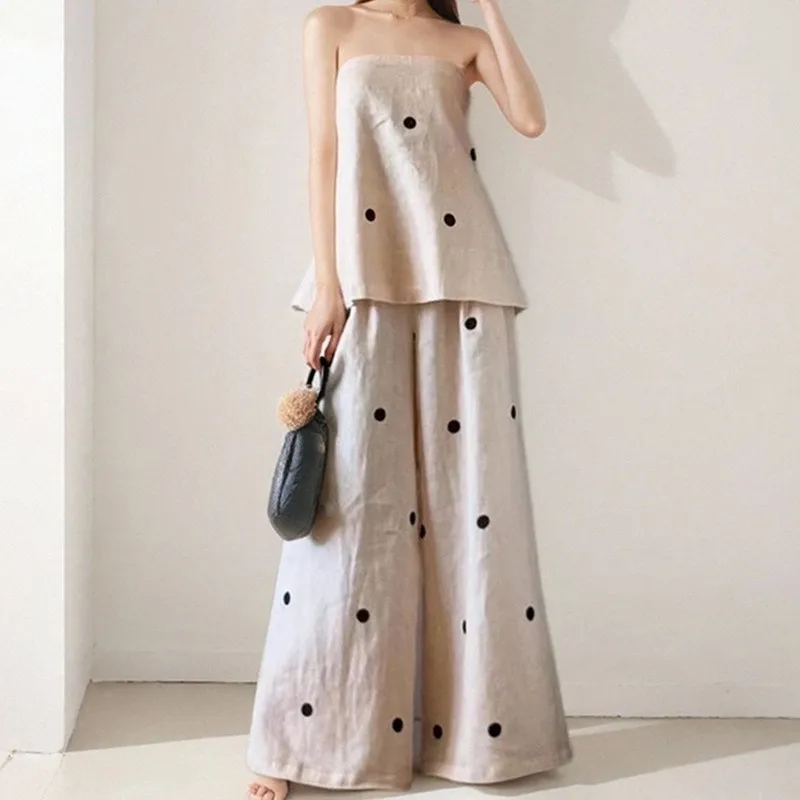 

Модные топы с открытой спиной в горошек, комплекты брюк, женские свободные брюки без бретелек с разрезом сзади, широкие брюки с карманами, 2025 г., женские отпускные наряды