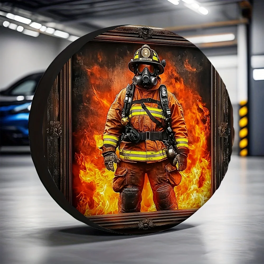 1pc Firefighter-Themed Polyester Tire Cover - Easy Install, No Electricity Needed, Fit For Cars, Wind Vent & Parking Decor With