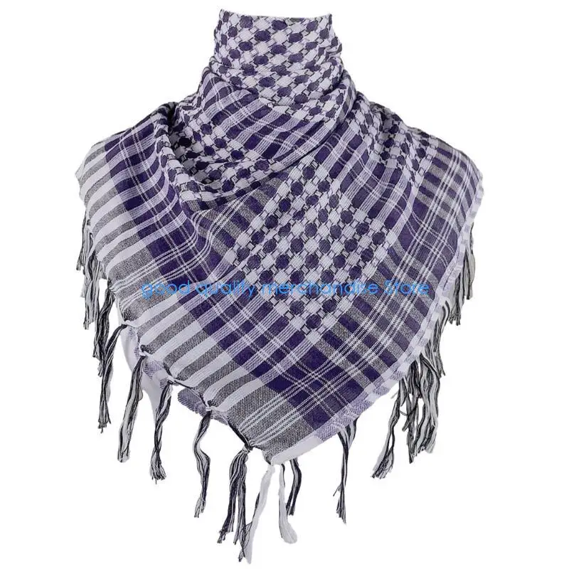 

Y5JD Shemagh Desert Scarf Colorblock Houndstooth Arab Keffiyeh Shawl Tassels Headwrap