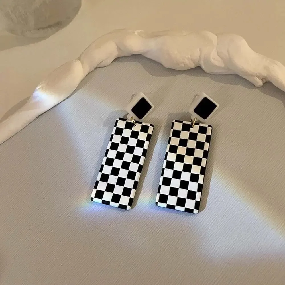 Jewelry Korean Style Checkerboard Square Black White Plaid Women Earrings Ear Studs Checkerboard Earrings Dangle Earrings
