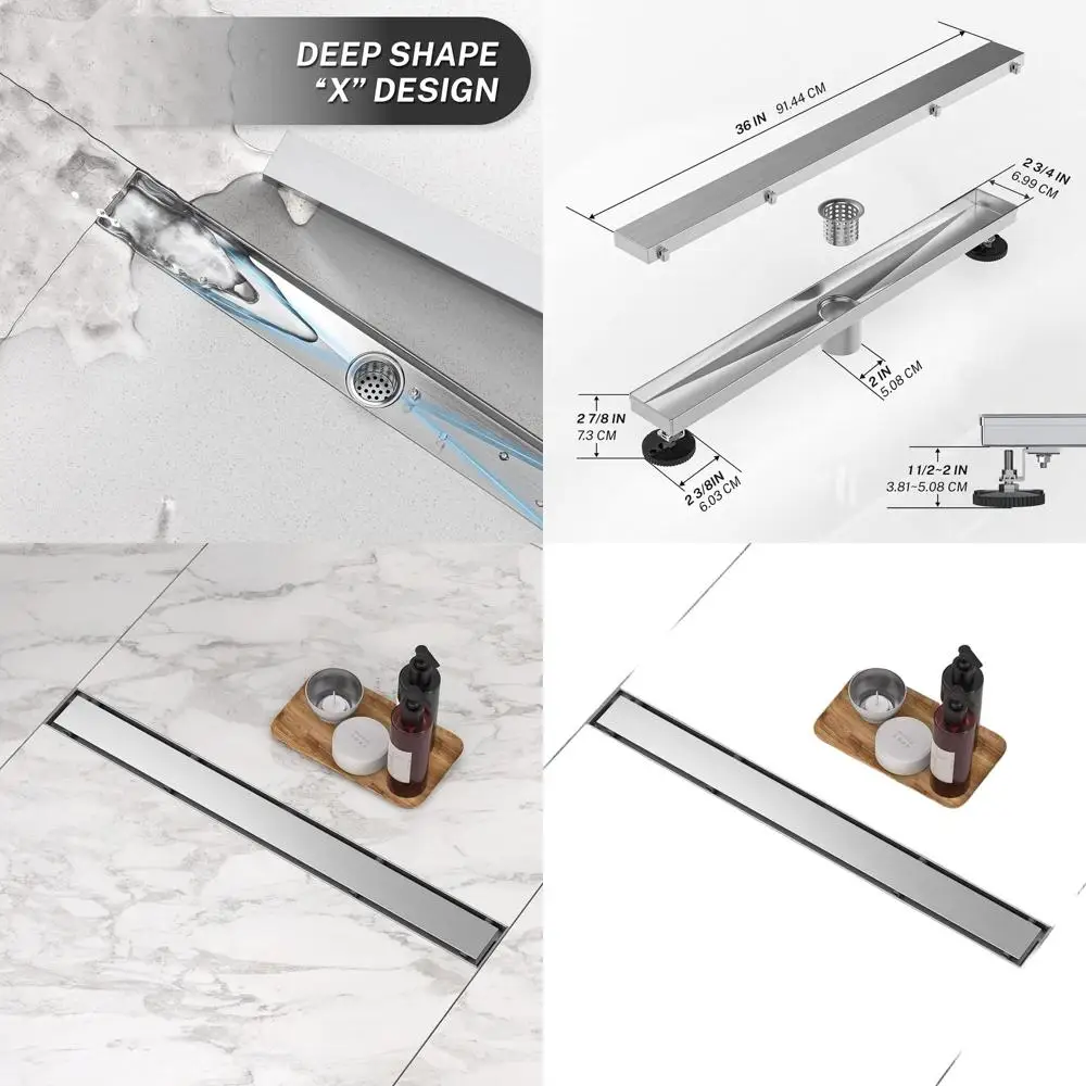 

36 Linear Shower Drain with Dual Flat & Insert Covers, Hair Strainer, Leveling Feet in Brushed Nickel