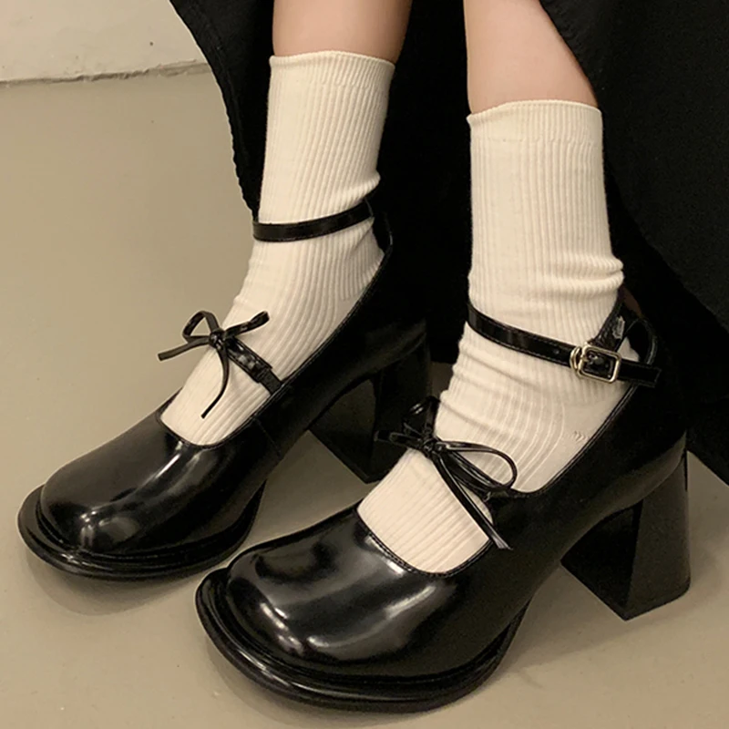 

Bow High Heels Women Marie Janes Shoes Designer Chunky Leather Shallow Shoes Winter 2025 New Trend Lolita Party Fashion Pumps