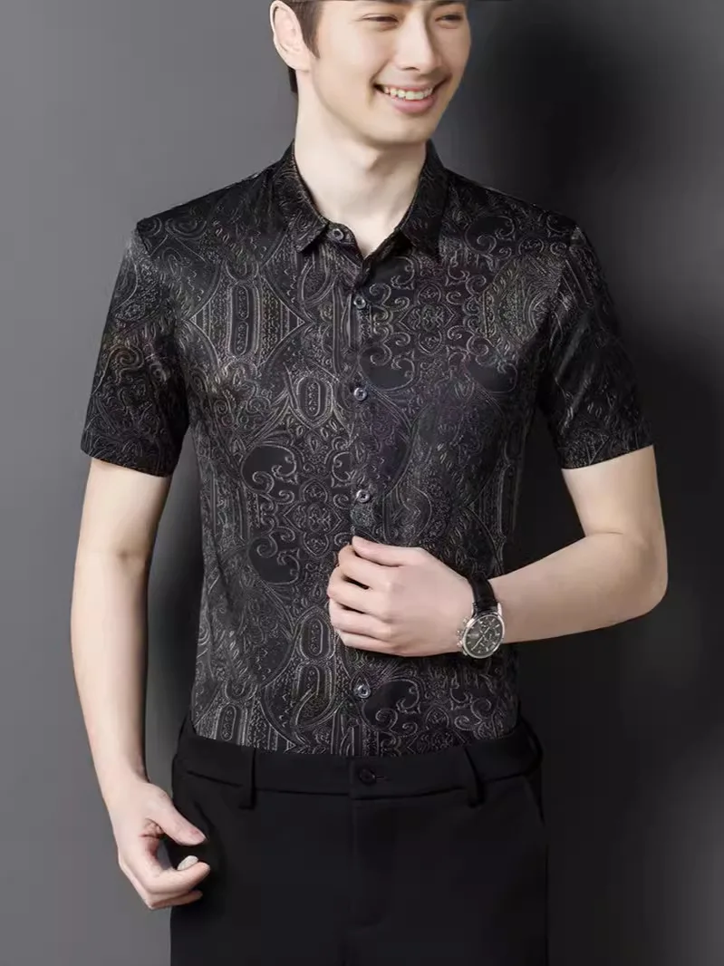 Summer new short-sleeved high-end silk shirt men's loose mulberry silk half-sleeved shirt tops