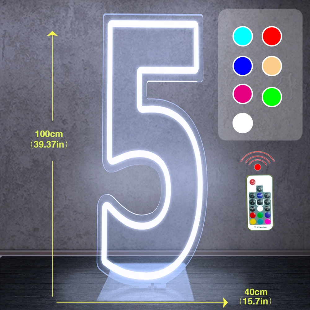 Luzes digitais do sinal de néon, luzes coloridas do número, decoração do fundo, ilumina acima o sinal com base, festa de aniversário, 0-9 RGB, 3.28ft, 100cm