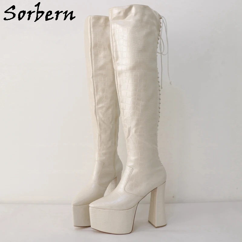 Sorbern Pearl Ivory Boots Women Over The Knee Lace Up Back Chunky Heels Thick Platform Shoe Pointed Toe Us15 Custom Legs Size