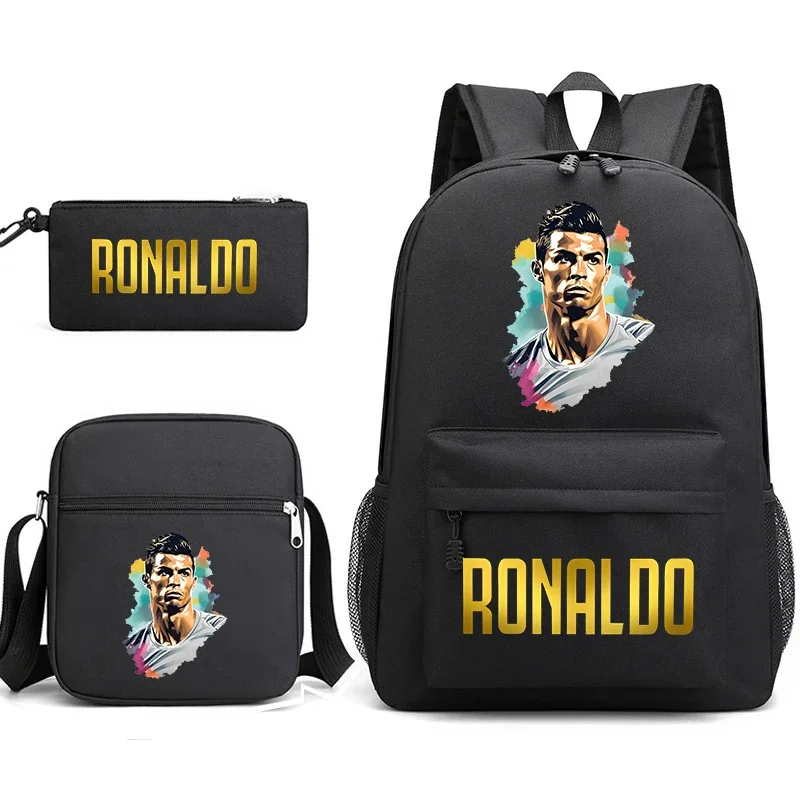 Ronaldo Set ransel cetakan, tas bahu sekolah siswa kampus, tas pensil gaya hitam Set 3 potong