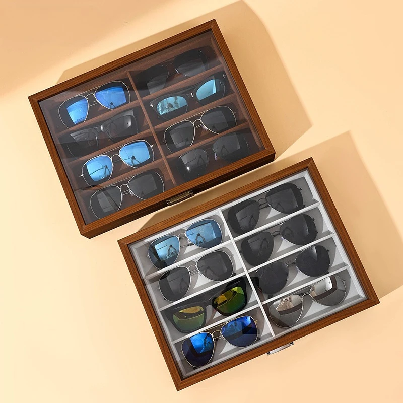 

Поднос для хранения очков из черного ореха с 8 сетками, бытовые солнцезащитные очки, коробка для коллекции солнцезащитных очков, большая вместительная стойка для футляров для очков