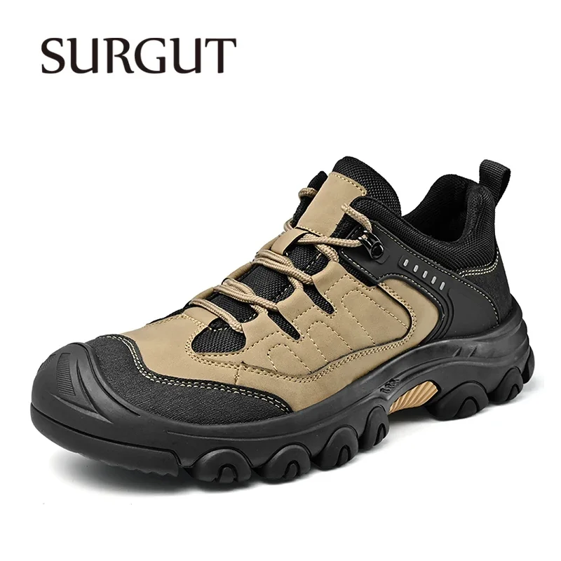 SURGUT Men Casual Shoes Cow Leather Waterproof Cushioning Anti-Skid Comfortable Non-Slip Outdoor Thick Outsole Shoes Size 38-46