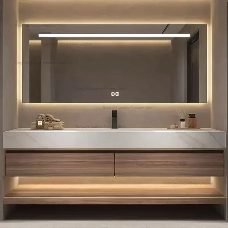 Modern Luxury Rock Panel Bathroom Cabinet Vanity with Sink Bathroom Mirror Cabinet Simple Fashion Furniture Meuble Evier FYBC