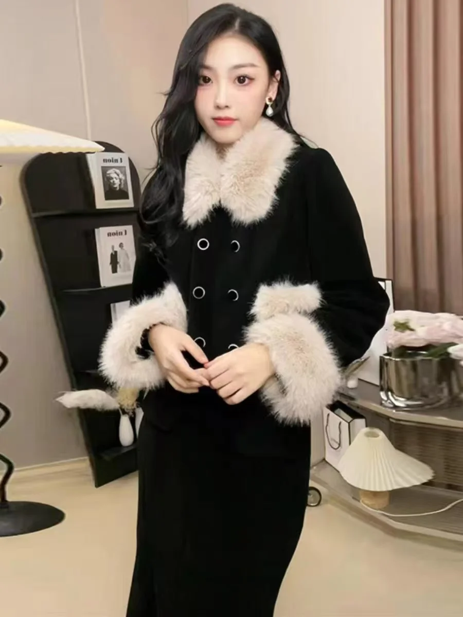 French Hepburn Style Suit for Women Autumn/Winter New High-End Elegant Fur-Collar Classic Jacket with High-Waisted Mermaid Skirt