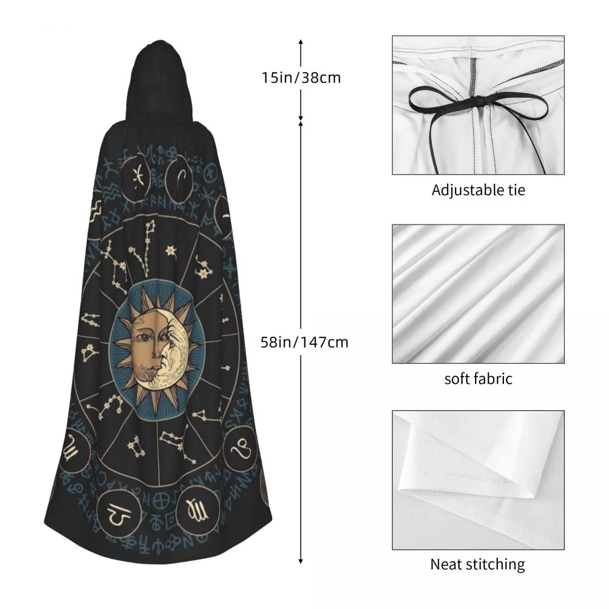 عجلة الأبراج مع علامات زودياك عباءة طويلة مقنعين الساحرة القرون الوسطى زي تأثيري كيب HalloweenParty الكبار للجنسين