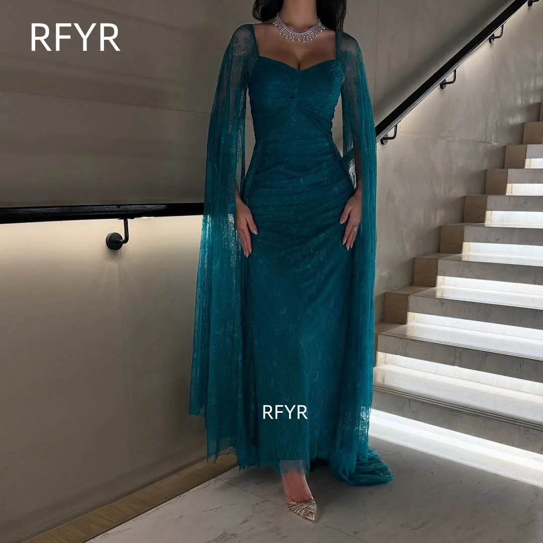 RFYR Teal Vestido de baile Vestido de noite com manga de capa e vestido de festa de renda para mulheres árabes فسات 