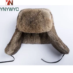 Gorro de bombardero grueso y cálido para hombre, gorra rusa con orejeras de piel de conejo Real, de talla grande, para invierno