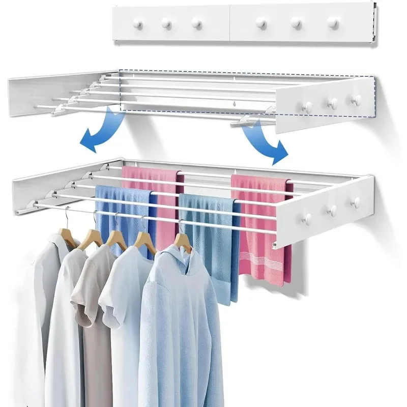

Upgrade 6 Knob Hooks Wall Mounted Clothes Drying Rack, Foldable Collapsible Wall Mount Laundry Drying Rack Indoor, Drying Rack