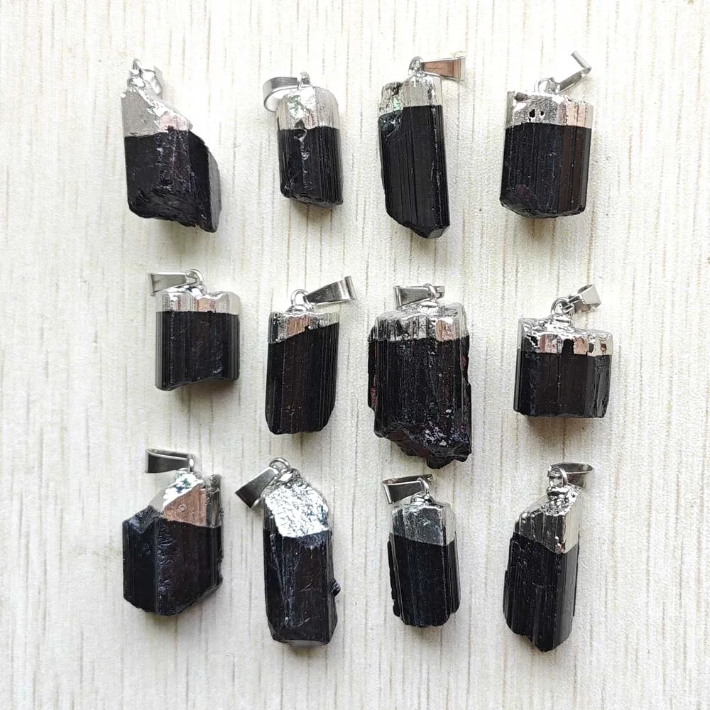 

Natural Black tourmaline stone Healing Reiki silver plated irregular pendants diy jewelry making 12pcs wholesale free shipping