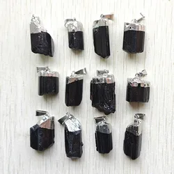 Natural Black tourmaline stone Healing Reiki silver plated irregular pendants diy jewelry making 12pcs wholesale free shipping