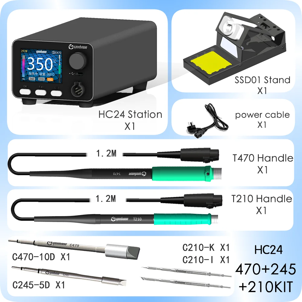 GEEBOON HC24 400W zwaarbelastbaar soldeerstation compatibel met 115/210/245/470/T12 soldeerpunt, kleurcurve display