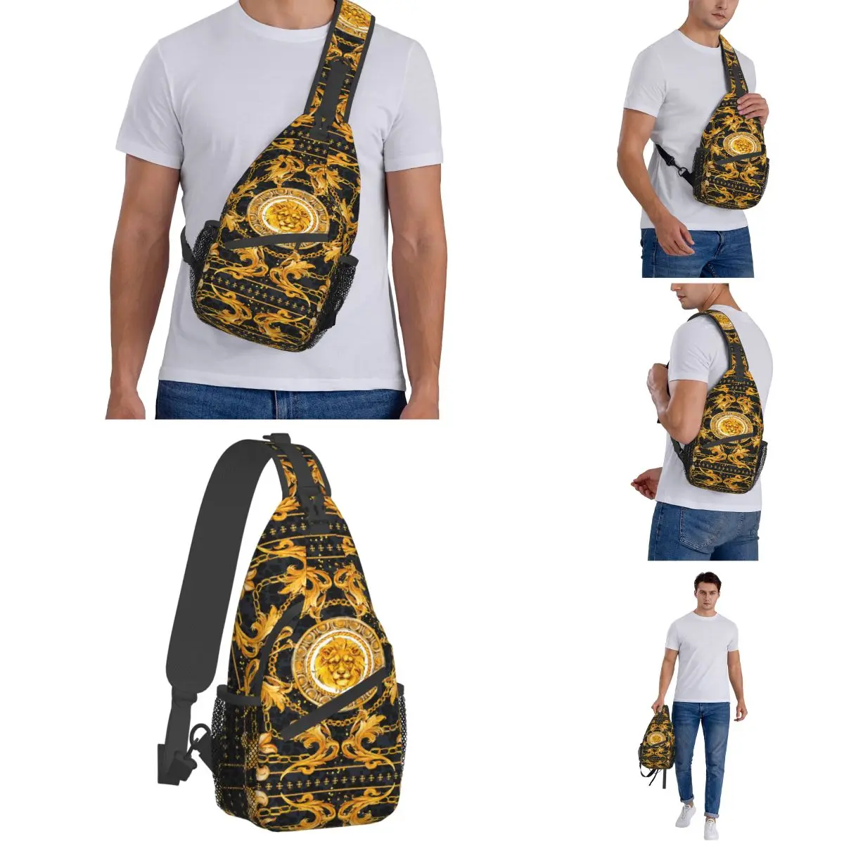 Chal de lujo de encaje dorado, bandolera pequeña para el pecho, mochila de hombro para deportes al aire libre, mochilas escolares con estampado de acuarela