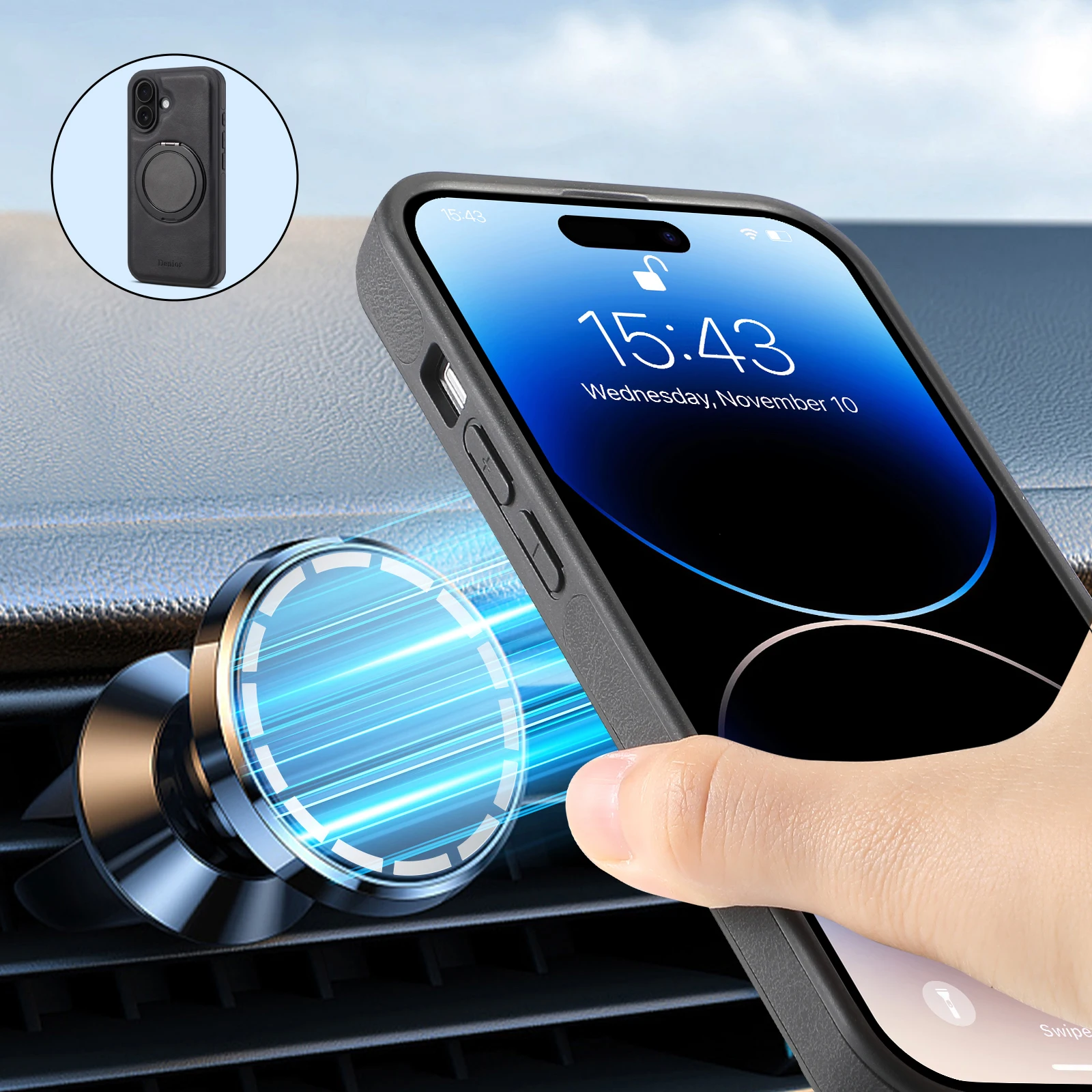 Handyhülle 360 ° Drehbarer Ständer mit Kunstleder-Ringverschluss für iPhone 18 Pro Max 17 Air 16 Plus 15 14 13 12 – Detail 7