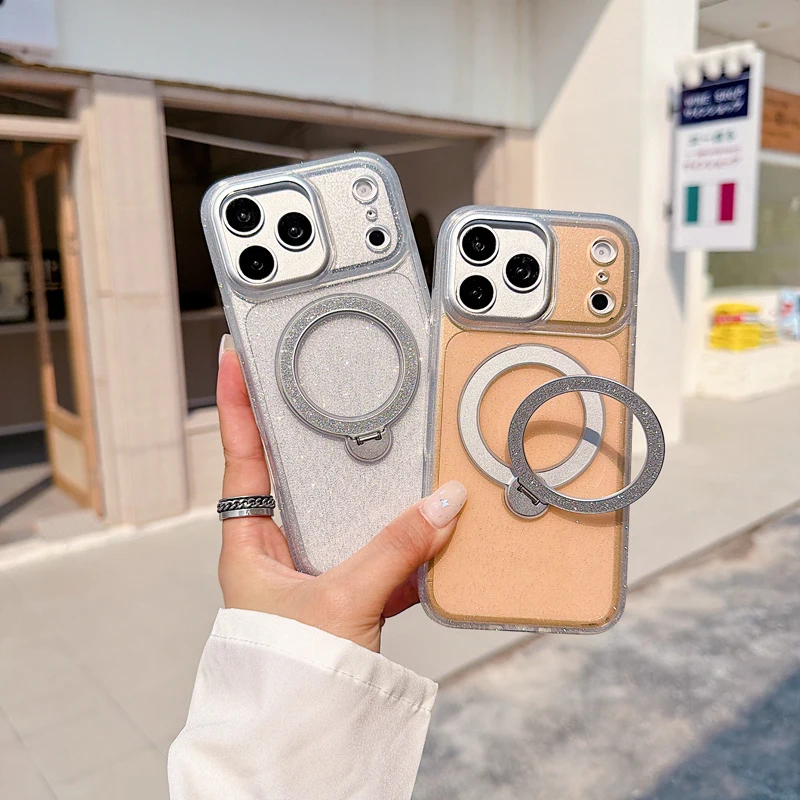 

For iPhone 17 16 15 14 13 Pro Max 17 Air 17e 16e Case Luxury Glitter Magnetic TPU +PC 360° Rotating Ring Back Holder Cover