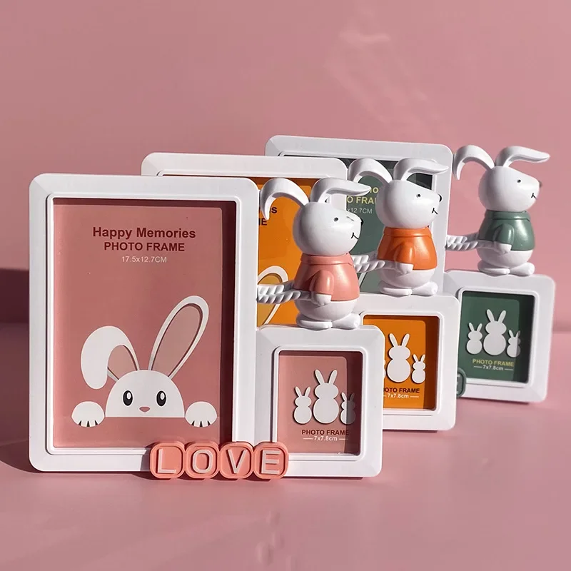 Creative 7-Inch & 3-Inch Bunny Themed Photo Frame Set Cartoon Desktop Display Frames Stylish Picture Frames Home Decor