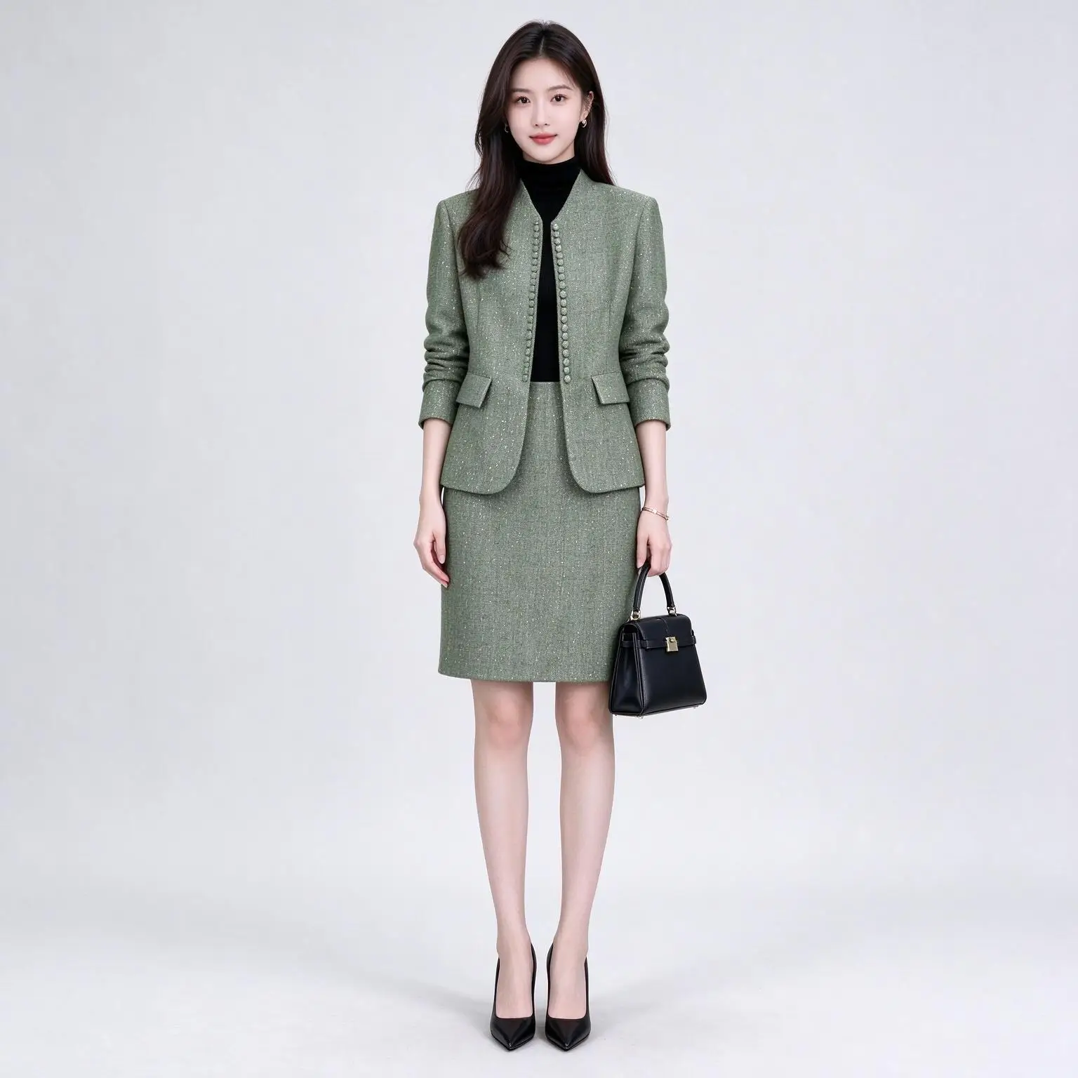 Women Green Textured Tweed Suit Sparkly V Neck Blazer And High Waist Skirt