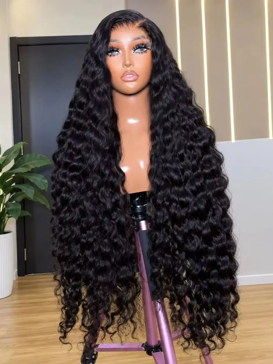 Natural Color 38 40 Inch 13x6 HD Deep Wave Lace Front Wig 200% Density Deep Wave Human Hair Wig Brazilian Virgin Curly Human Hair Wig For Women 13x4 Glueless Lace Frontal Wigs Pre Plucked Hairline