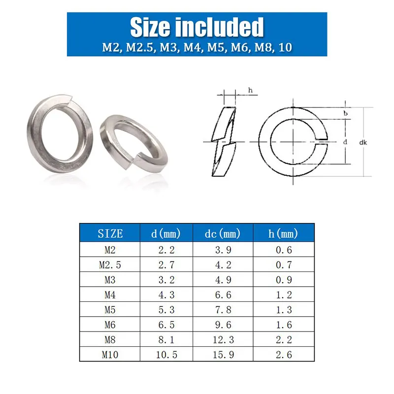 Arandela de bloqueo de resorte, juego de surtido de arandelas de bloqueo de resorte de acero inoxidable 304, 410 piezas, 8 tamaños