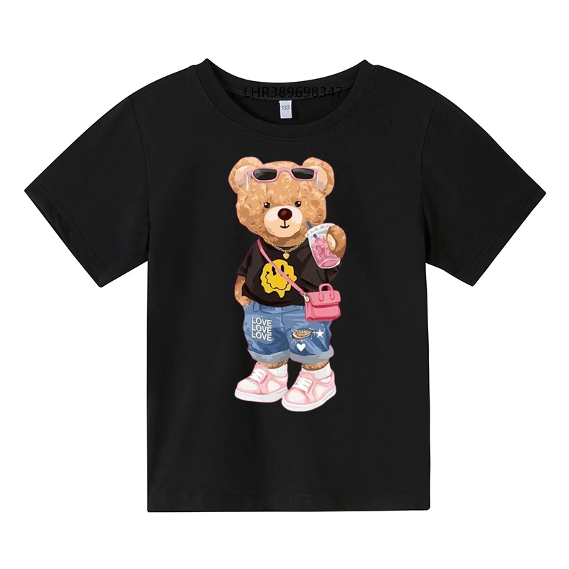 Summer round neck Children\'s T-shirt  Boys Girls aged 3-12 Short Sleeved Casual T-shirt Anime Fashion Bear Print cotton Tops