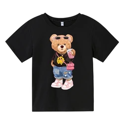 Summer round neck Children's T-shirt  Boys Girls aged 3-12 Short Sleeved Casual T-shirt Anime Fashion Bear Print cotton Tops