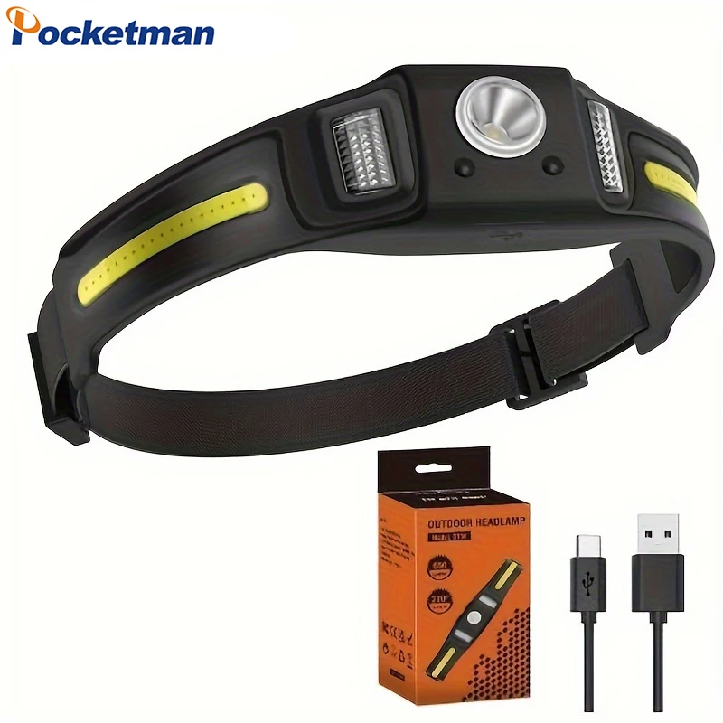 XPG3 COB Outdoor LED Headlamp USB Rechargeable Mini Headlight Head Flashlight with Wide Beam Adjustable Strap Power Indicator