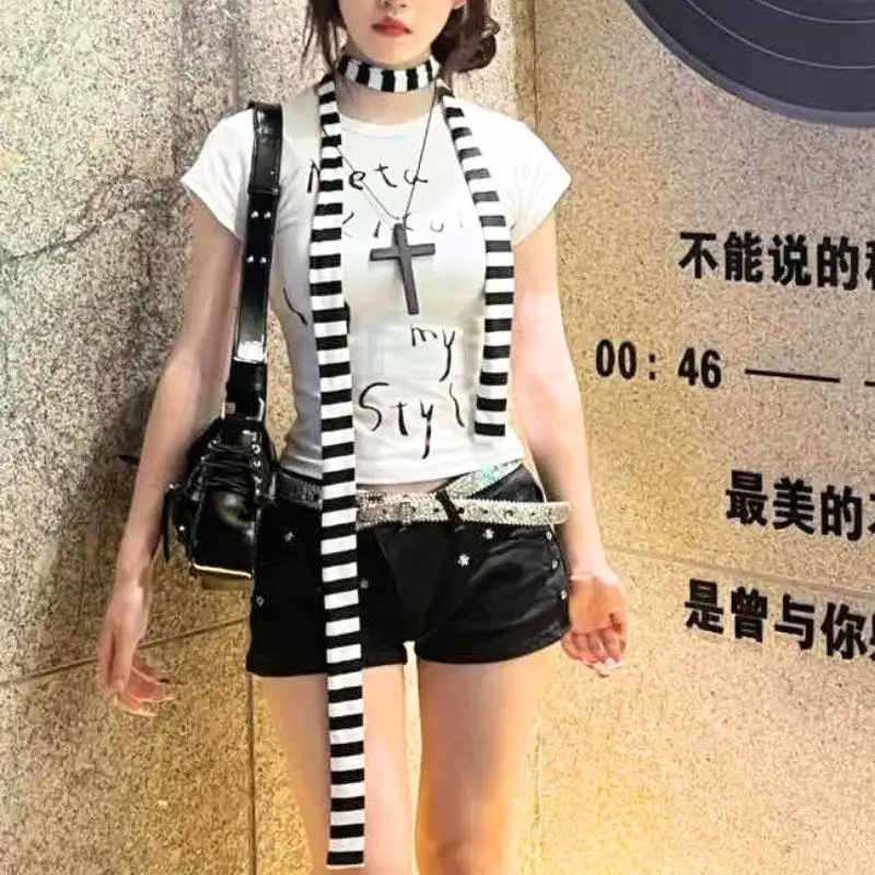 

Y2k Harajuku Retro Striped Neck Scarf Women Long Scarves Streetwear Decorative Scarf Black Grey Stripe 180cm Thin Neckerchief