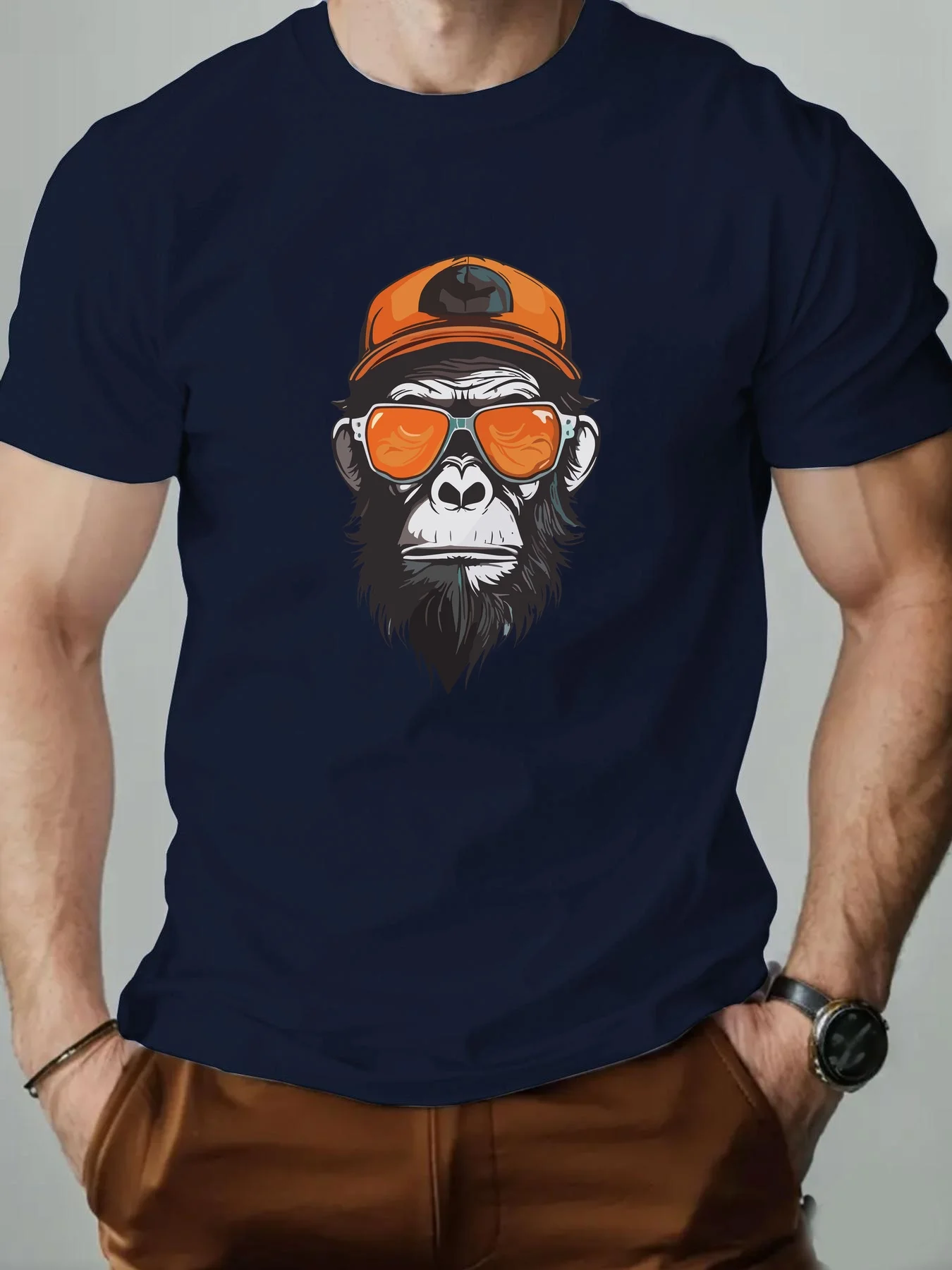 

Men's casual short sleeved T-shirt with fashionable monkey pattern printed round neck design