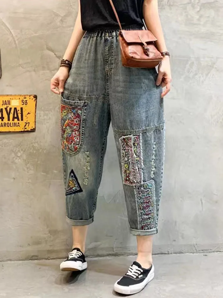 Max LuLu Summer Chinese Design Denim Pants Womens Fashion Holes Embroidery Jeans 2024 Ladies Loose Casual Vintage Harem Trousers