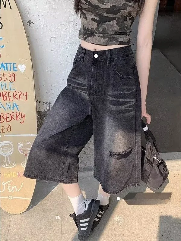 

plus Size American Retro Black Seven-Foot Pants Women Summer New Washed Loose Wide Leg Small Size Denim Mid-Short Pants