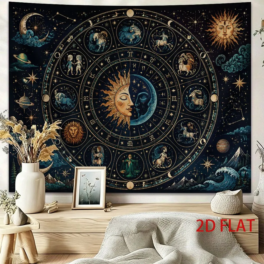 Vintage Horoscope Tapestry, Sun Moon Merge 12 Zodiac Signs Starry Sky, Spiritual Astrology Print Wall Hanging Living Room Decor