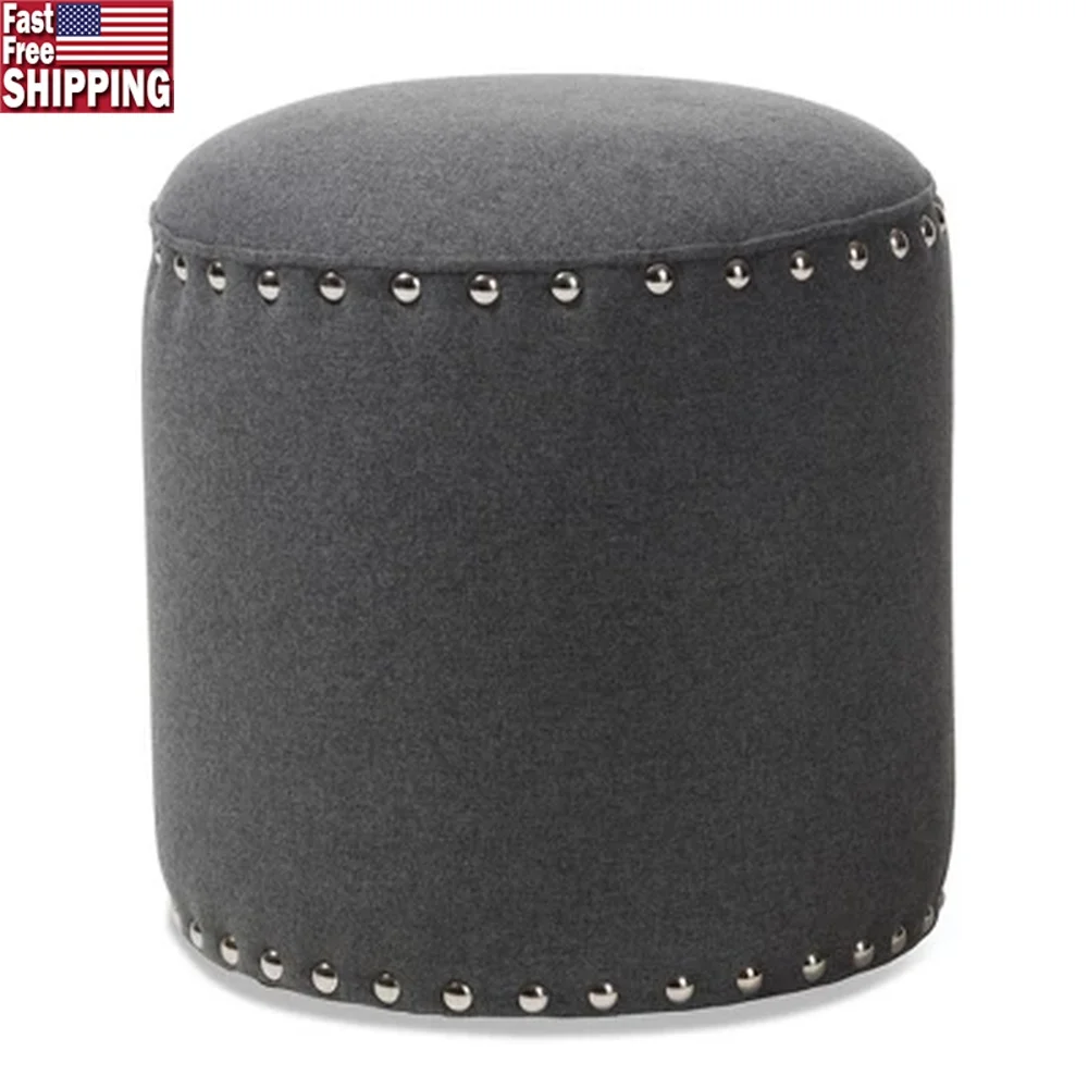 

Modern Round Ottoman Solid Wood Upholstered Padded Seat Nail Trim Entryway Living Room Bedroom Furniture No Assembly Required