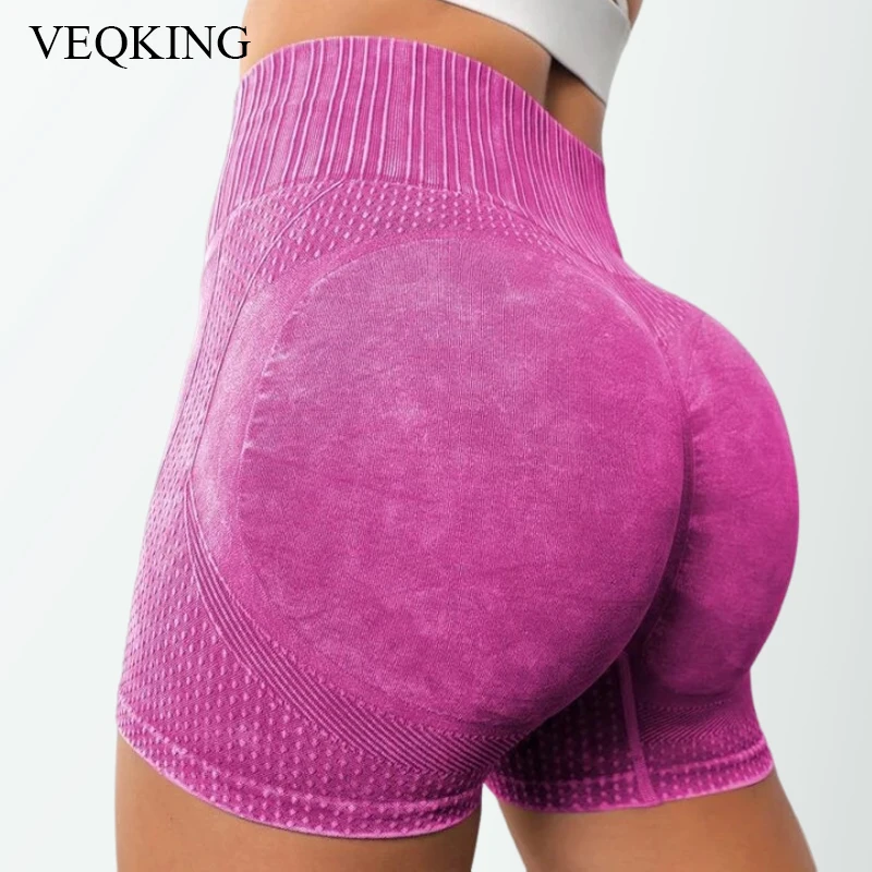 VEQKING Seamless High Waist Yoga Shorts Women Peach Hip Sports Shorts Scrunch Running Fitness Workout Tights Gym Mujer cortas