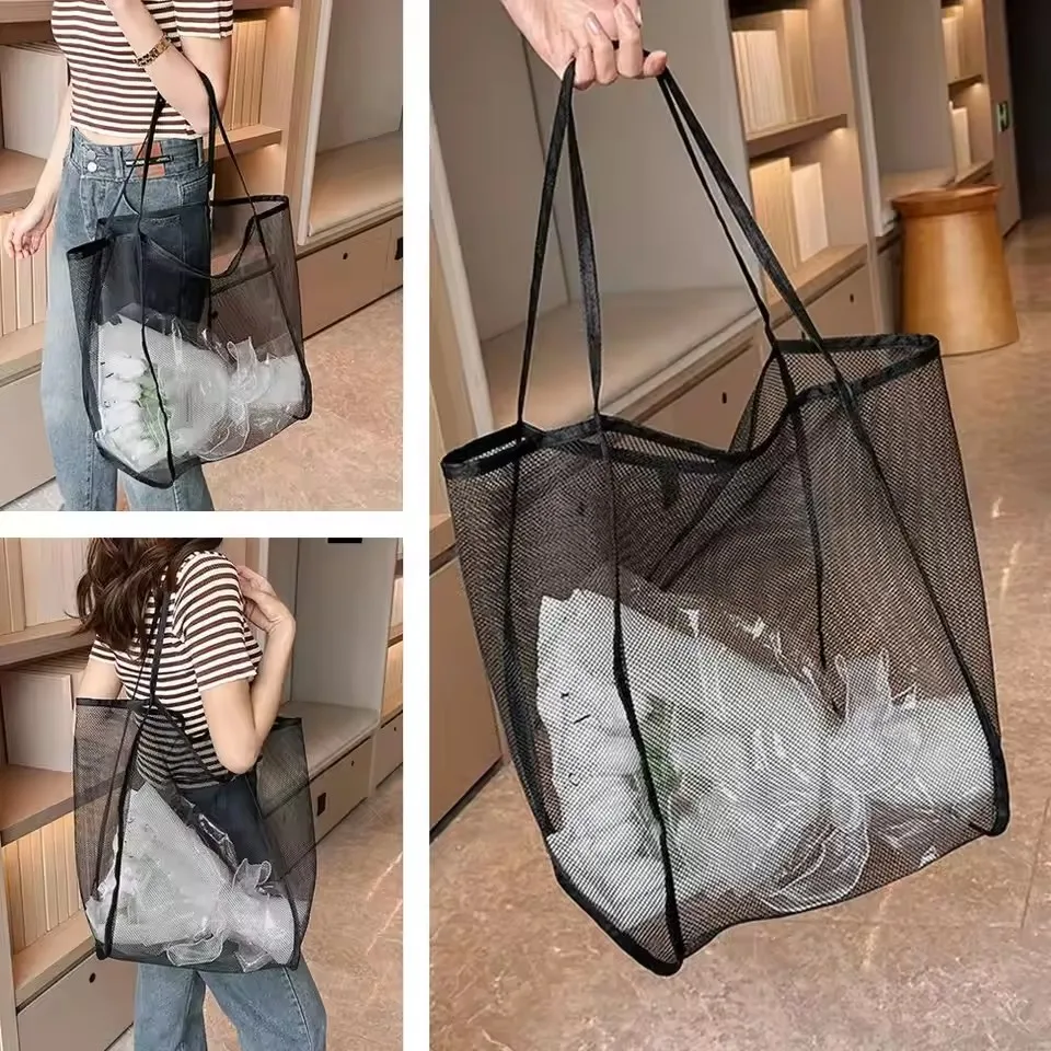 1 Stück Mehrfarbige Große Netz-Strandtasche, Sandabweisende Tragbare Tasche, Atmungsaktive Faltbare Aufbewahrung für Spielzeug, Outdoor-Netz-Handtasche