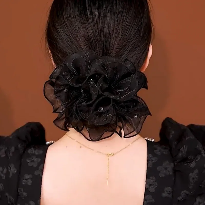 Anel de cabelo feminino com pérolas, cocar extra grande, cabelo flower updo na moda, scrunchies grandes, preto, primavera e verão, novo