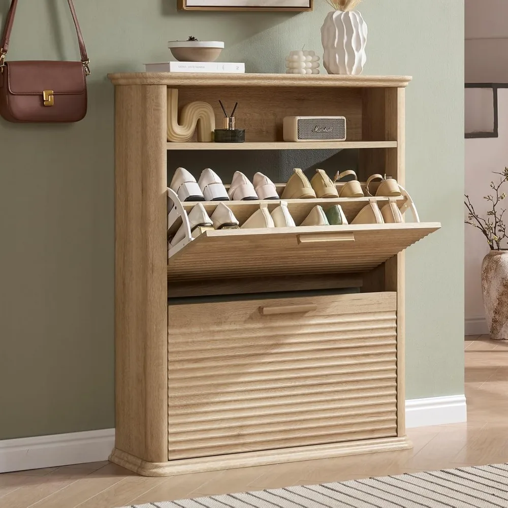 

Fluted Narrow Shoe Cabinet with 2 Flip Drawers, Modern Shoe Storage Cabinet with Open Storage & Curved Profile Design, W