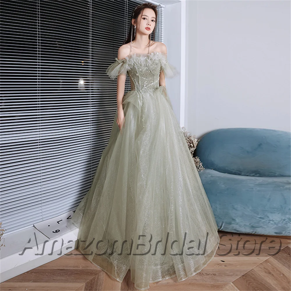 Robe de soirée longue perlée vert clair pour femme, col bateau, ligne A, dos appliqué, robe de Rhsexy, style à lacets éducatif