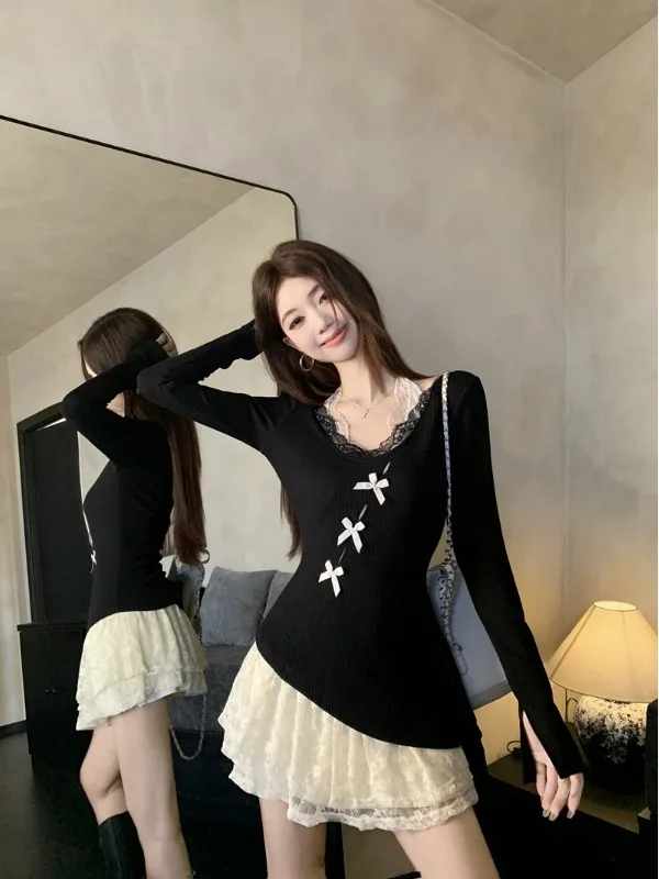 

plus Size Sweet And Spicy Girl Set Early Autumn New Style Lace Halter Dress Long Sleeve Cover up Top Women's Fashion Ensemble