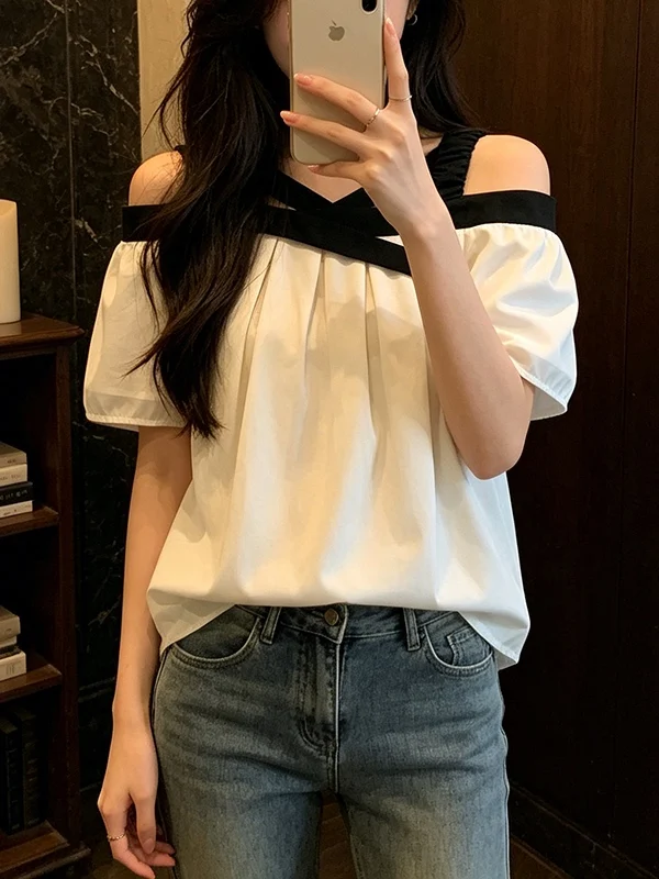 

plus Size Women's Summer New Elegant Design Shoulder Bared Strap Loose Top Slimming Short Sleeve Chiffon Shirt Korean Style C...