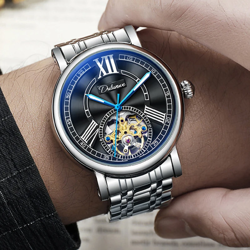 

Бренд Dulunwe, элитные механические часы с турбийоном для мужчин, водонепроницаемые роскошные автоматические часы из нержавеющей стали, мужские часы