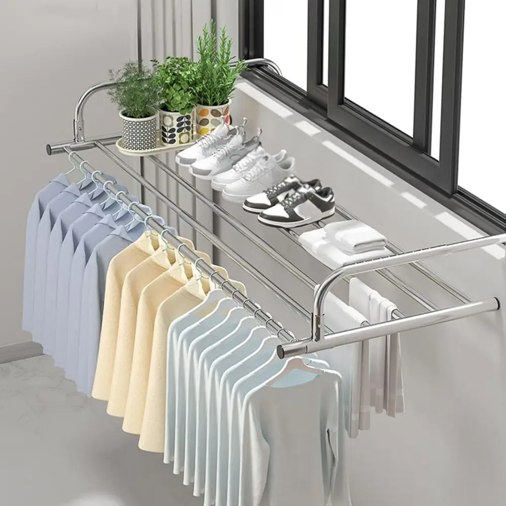 

Складная сушилка для белья из нержавеющей стали с местом для обуви и защитным ограждением, настенное крепление, серебристая