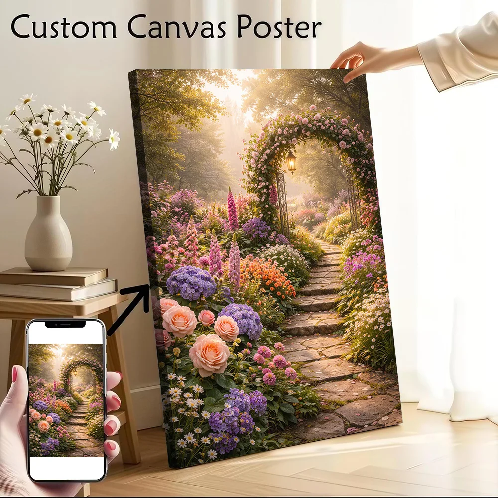 Affiche sur toile personnalisable avec arche de jardin enchanteresse et chemin en pierre, art mural, peinture sur toile pour tableaux décoratifs